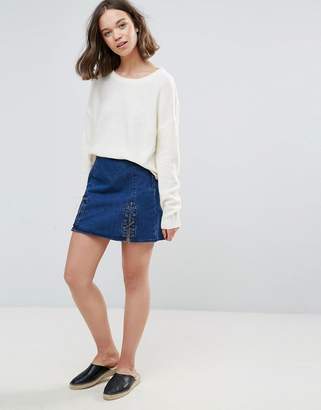 Brave Soul Criss Denim Skirt With Tie Up Detail