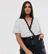 Thumbnail for your product : ASOS DESIGN Curve angel sleeve wrap body in polka dot with lace trim