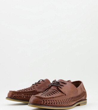 Truffle Collection wide fit faux leather woven lace up shoes in brown