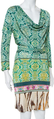 Roberto Cavalli Multicolor Printed Cowl Neck Long Sleeve Dress M