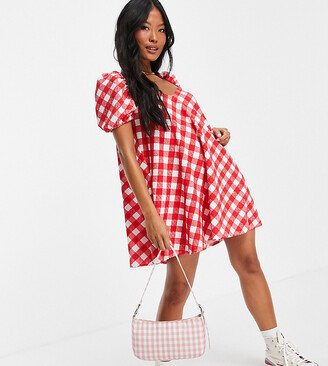 ASOS Petite ASOS DESIGN Petite textured puff sleeve mini dress in red  gingham print - ShopStyle