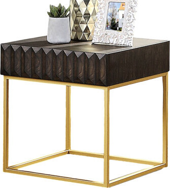 Everly Quinn End Table With Contemporary Flair Metal Frame Solid Wood Base Concealed Drawers Gold Steel Legs Walnut/gold Two - Tone Bearing Glides 23\