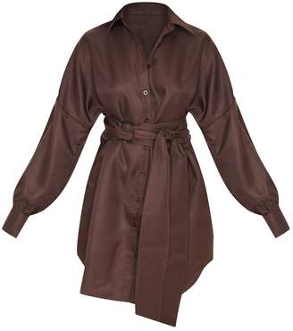 PrettyLittleThing Chocolate Belted Tie Shirt Dress