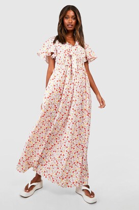 boohoo Floral Frill Sleeve Plunge Maxi Dress