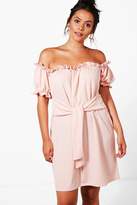 Thumbnail for your product : boohoo Plus Lucie Off The Shoulder Tie Waist Shift Dress
