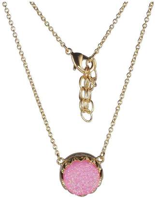 Prime Art & Jewel 18k Gold Over Fine Silver Plated Bronze Genuine Pink Druzy Necklace - 16" + 2" Extender
