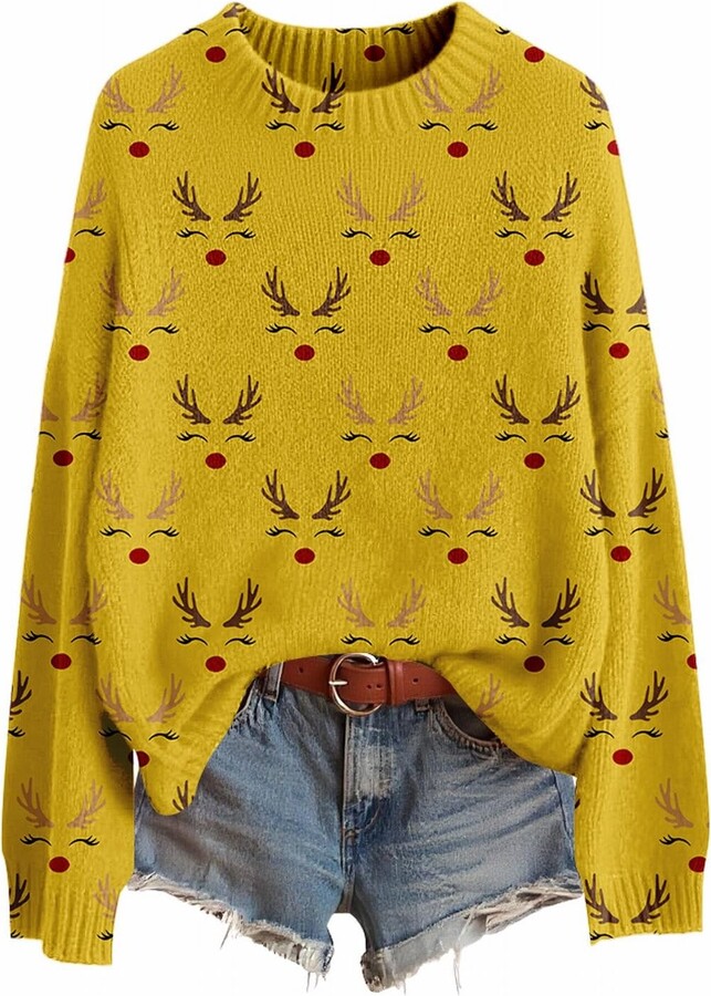 Generic Women's Christmas Sweater Pullover Long Sleeve Crewneck Funny Ugly Xmas Holiday Party Baggy Cozy Knit Winter Clothes B-Yellow