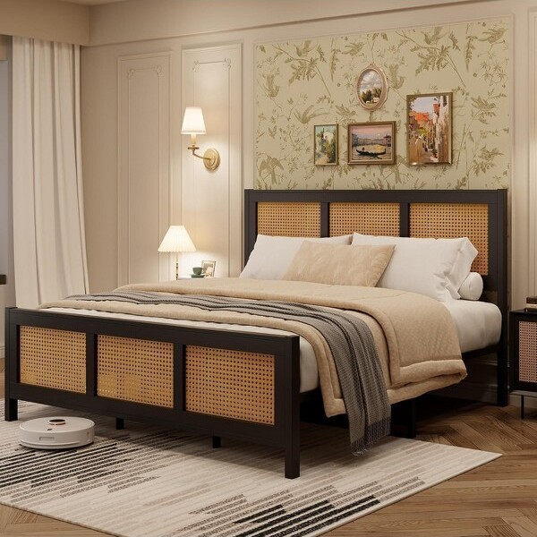 WARMTOBABY KingSizeRattanBedFramewithHeadboard,PlatformBedFramewithStrongMetalSlatsSupport,NoBoxSpringNeeded,Black