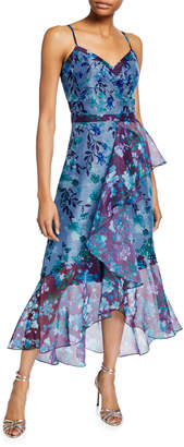 Marchesa Colorblock Floral Organza Sleeveless High-Low Side-Ruffle Gown