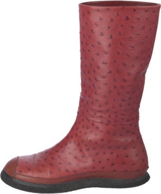 Walter Steiger Embossed Leather Mid-Calf Boots Red Printed Round-Toes