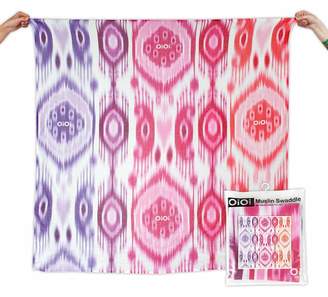 OiOi Girl Ikat Digitally Printed Muslin Swaddle Natural with Pink Multi-Design