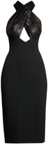 Thumbnail for your product : Pamella Roland Sequin Crossover Halter Bow-Back Crepe Midi Dress