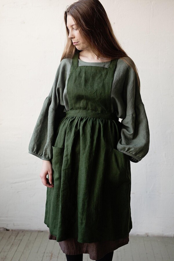 Etsy Forest Green Pinafore Linen Apron Midi Cross Back