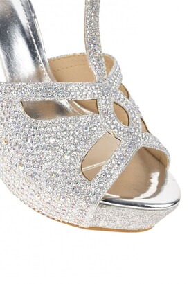 Miss Diva Catwalk T Bar Diamante Platform Sandal in Silver