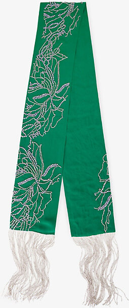 Dries Van Noten Womens Green Beaded Fringed Silk Scarf 1 Size