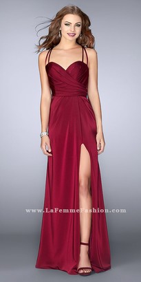La Femme Pleated Jersey Multi Strap Prom Dress