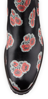 Alexander McQueen Flower-Print Leather Chelsea Boot, Black/Multi/Red