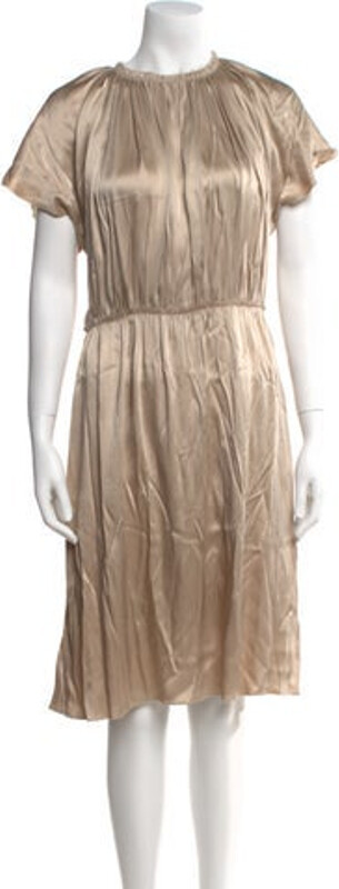 Lanvin Crew Neck Midi Length Dress Lanvin Shift Dress Neutrals Raw-Edge Trim Short Sleeve with Crew Neck Concealed Zip Closure at Back Designer