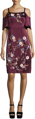 Nanette Lepore Embroidered Cold-Shoulder Silk Satin Dress, Wine/Multicolor