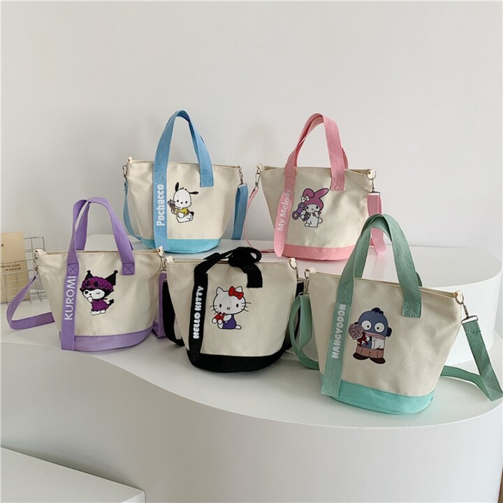 SANRIO Hello Kitty Kuromi Canvas Shoulder Bag Kawaii Anime Printed Lightweight and Versatile Women & apos;s Crossbody Bag