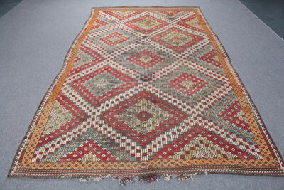 Bungalow Rose Large Vintage Turkish Kilim Rug in Bold Red with Neutral Oushak Patterns Ideal for Dining Rooms