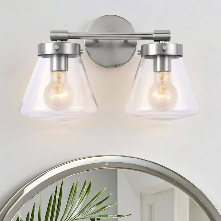 Parrot Uncle Gleam 15.25 in. 2-Light Brushed Nickel Vanity Light with Clear Glass Shades