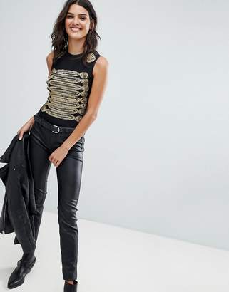 A Star Is Born Going Out Military Bodysuit With Statement Shoulders And Embellishment