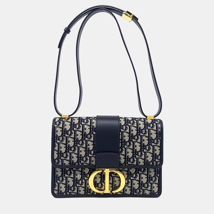 Christian Dior Beige Blue Fabric Oblique 30 Montaigne Bag