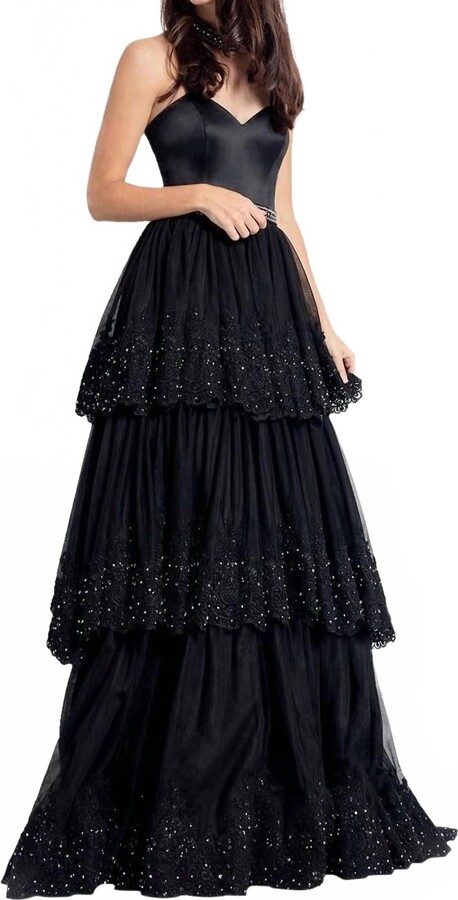 RACHEL ALLAN Lace Appliqued Strapless Gown In Black