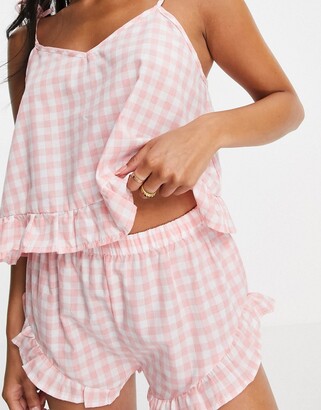 Loungeable Petite frill cami and short pyjama set in pink gingham