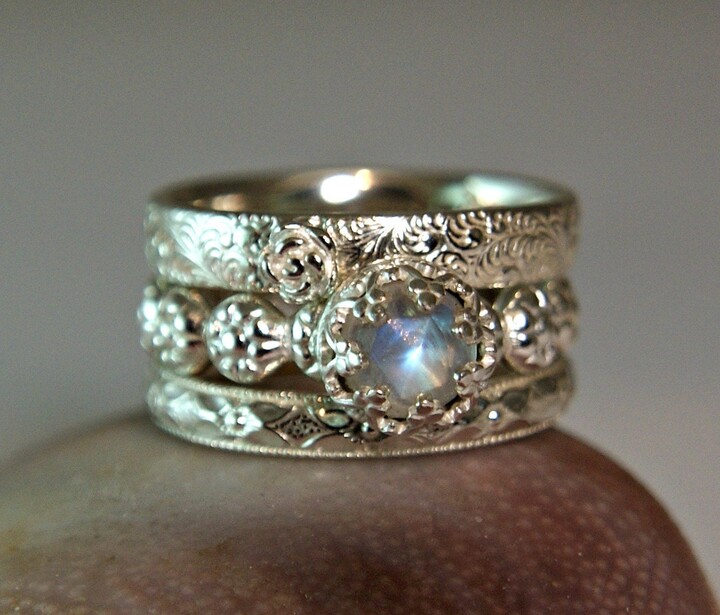 Etsy Rainbow Moonstone Wedding Set Sterling Silver Stacking Rings Promise Ring Fancy Bezel Setting