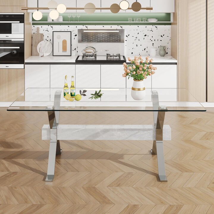 QRRICA Modern Large Rectangular Tempered Glass Dining Table with Silver