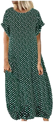 IIYUO Women Plus Size Dress Pockets O-Neck Polka Dot Printing Short Sleeve Maxi Dress Female Casual Long Dresses Brown
