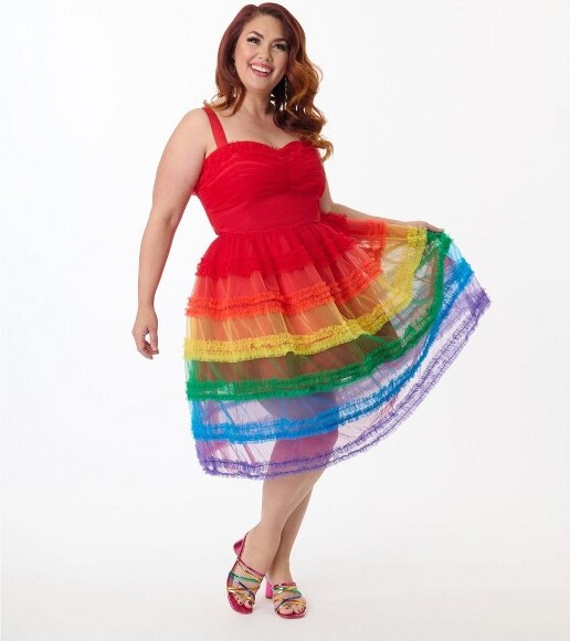 Unique Vintage Women's Plus Tiered Sheer Midi Dress Rainbow 5X/26