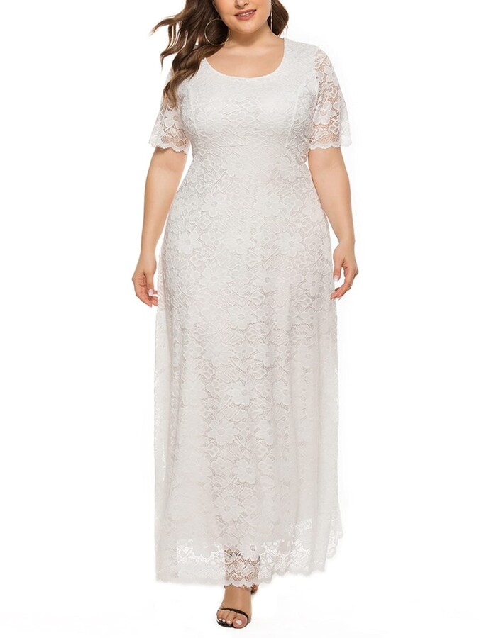 EMPERSTAR Women's V Neck Short Sleeve A Line Elegant Lace Plus Size Maxi  Long Evening Dresses White 4XL - ShopStyle