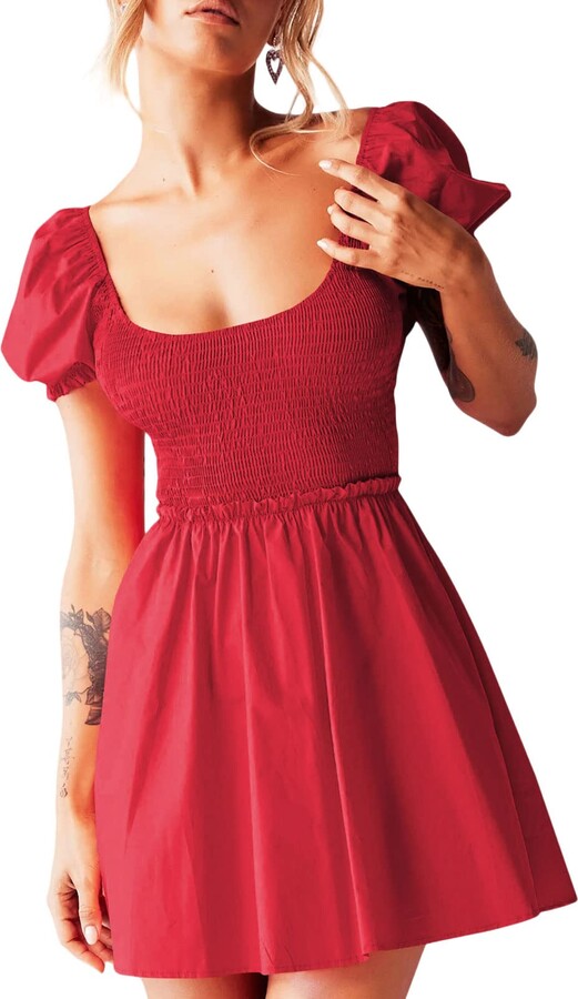 Jndsffagh Women Solid Color Backless Mini Dress Sexy Short Puff Sleeve ...