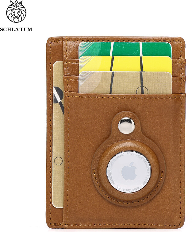 SCHLATUM Genuine Leather RFID Slim Minimalist Card Holder High Quality Apple Airtag Protective Case Men Business Wallet