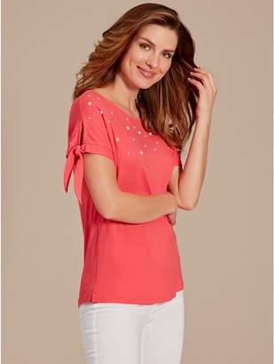 M&Co Pearl embellished tie sleeve t-shirt