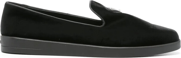 Enamel-Triangle-Logo Velvet Loafers