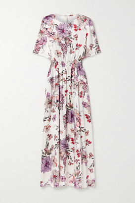 Adam Lippes Shirred Floral-print Silk-satin Maxi Dress - White