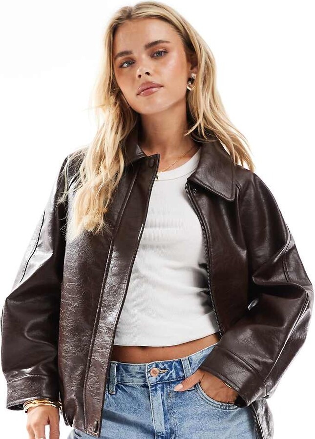 ASOS Petite ASOS DESIGN Petite leather look oversized bomber jacket in chocolate