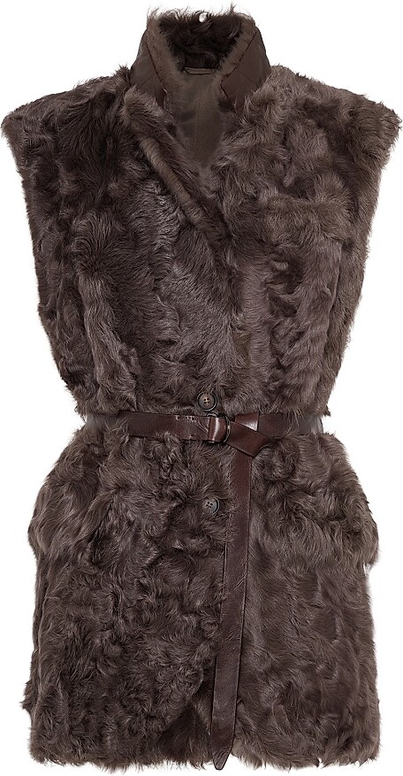 Brunello Cucinelli Women's Wavy Shearling Vest with Leather Belt and Monili - Rust Brown - Size 6