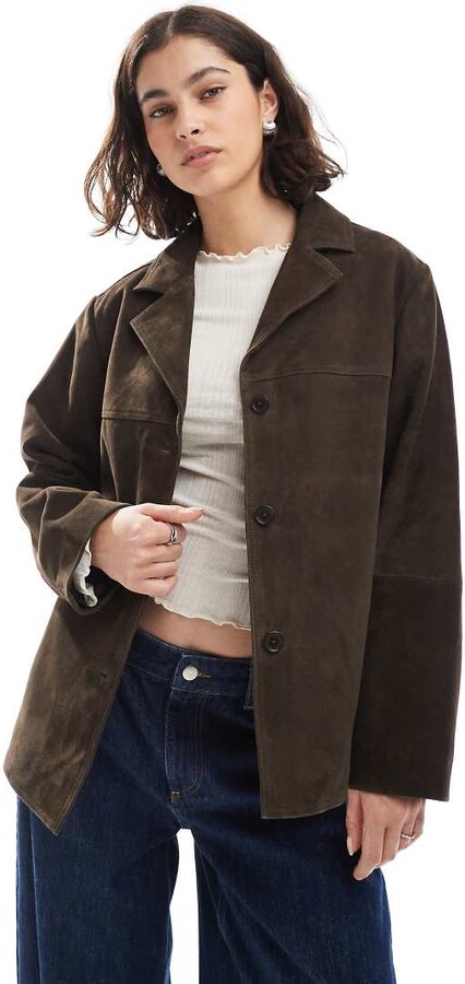 ASOS DESIGN real suede 70s jacket in dark mocha