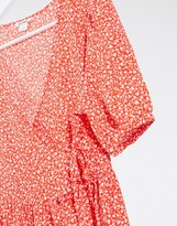 Thumbnail for your product : Monki Yoana recycled polyester floral print puff short sleeve tie wrap dress in red