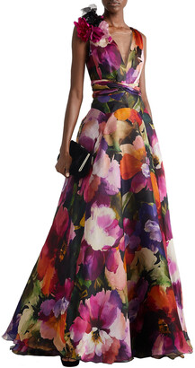 Marchesa Appliqued Tulle-paneled Floral-print Silk-organza Gown
