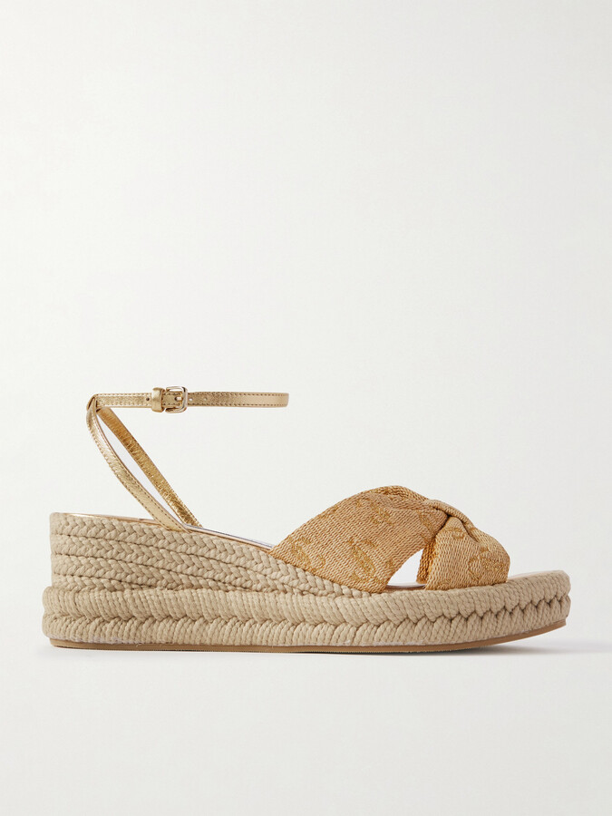 Jimmy Choo Aella 60 Raffia-jacquard And Leather Wedge Sandals - Gold