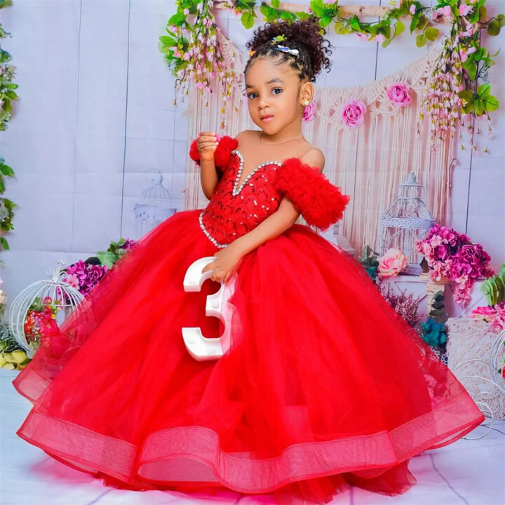 gdybao Flower Girl Dresses Red Kids Birthday Sheer Neck Pleated Ruffles Tiered Tulle Ball Gowns for Wedding