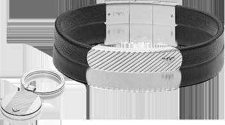 Emporio Armani Heritage Black Leather Bracelet and Silvertone Key Ring Set