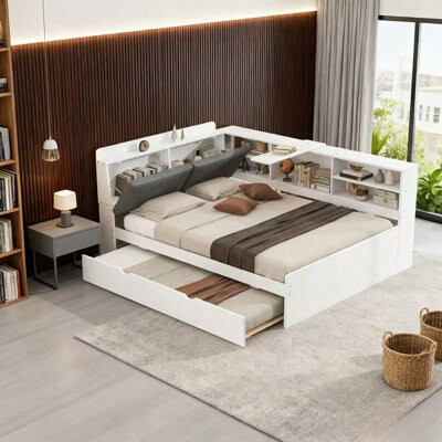 One Allium Way Wood Platform Bed with Trundle, Storage Headboard & Shelves, White Complete Storage Bed System with Pull-Out Guest Bed (Mattress not included)