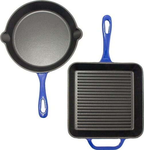 Berghoff 2Pc Enamel Cast Iron Cookware Set, 10" Fry Pan & Grill Pan, Blue